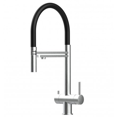 3-way faucet / tap made of solid stainless steel, swivel spout and removable hand shower